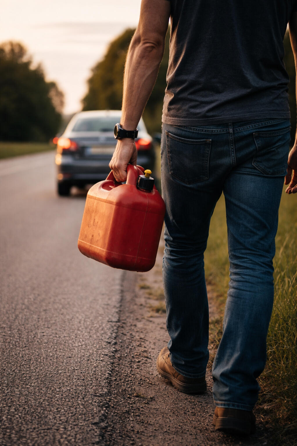 When business systems stop working Person walking with an empty fuel can beside a broken down car, symbolizing operations that can no longer keep up