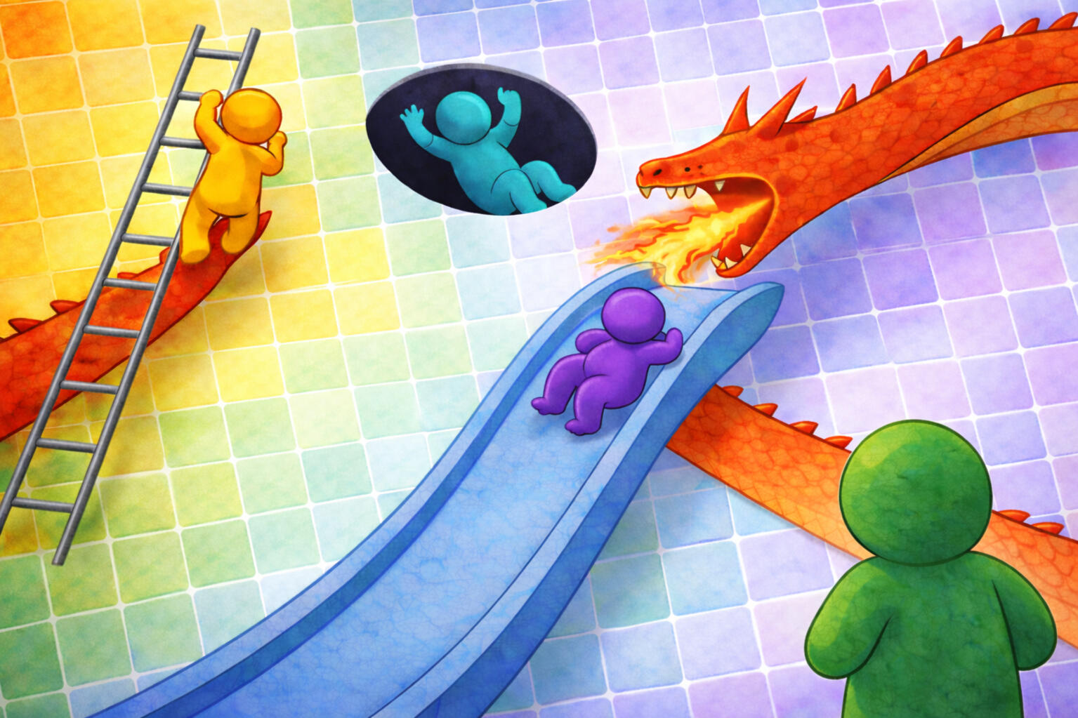 Operational reset for fast-moving businesses Illustration of a chaotic system where people slide into problems, representing broken workflows in fast-moving operations